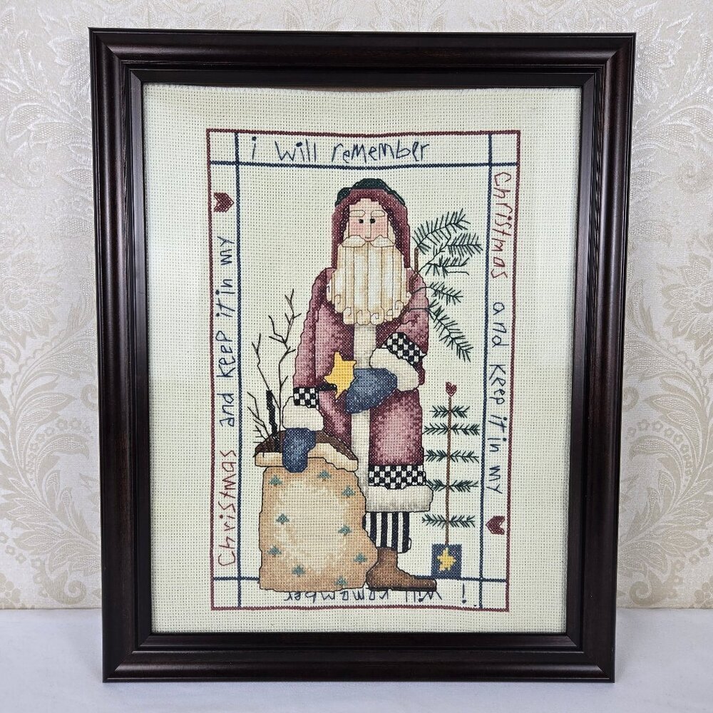 Hand Stitched Santa Christmas Themed Cross Stitch Framed Holiday Decor Gifts